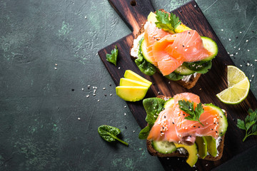 Open sandwich with salmon spinach and avocado.