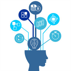 Blockchain vector background illustration with silhouette of a man and icons. Blockchain concept.