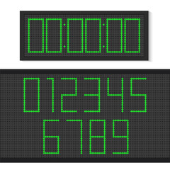 Digital clock and numbers with green light points. Vector digit scoreboard mockup