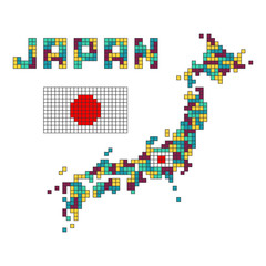 Japan country map with flag stylized retro game tetris. Dotted Silhouette isolated on white background. Pixel art.  Color dot pattern