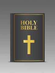 Obraz premium Closed Holy Bible vector 3d template. Religion book mock up with black cover and gold frame with cross and font. Christian religious illustration