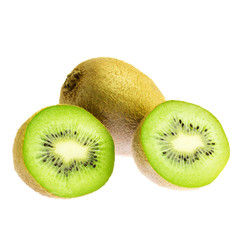 One whole kiwi fruit and two halves isolated on white background