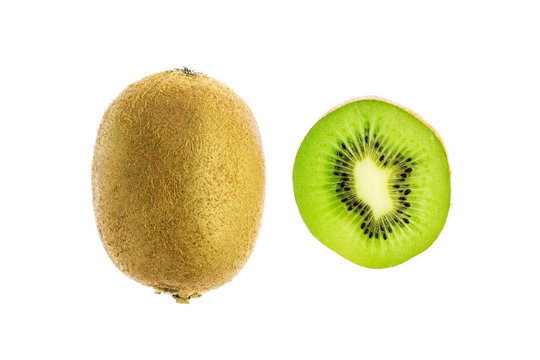 One whole kiwi fruit and slice isolated on white background, top view