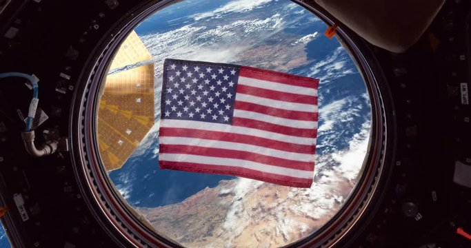 American Flag on Spaceship Windows Floating Over Earth in Space, 4K some elements furnished by NASA images