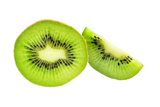 Green slices of kiwi fruit isolated on white background