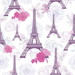 Fototapeta na wymiar Vector Purple Pink Eifel Tower Paris and Roses Flowers Seamless Repeat Pattern. Perfect for travel themed postcards, greeting cards, wedding invitations.
