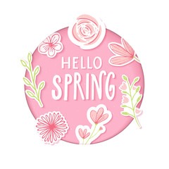 Fototapeta na wymiar Hello spring text in pastel pink paper clip art with flowers and hand drawn branches.