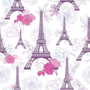 Vector Purple Pink Eifel Tower Paris and Roses Flowers Seamless Repeat Pattern. Perfect for travel themed postcards, greeting cards, wedding invitations.