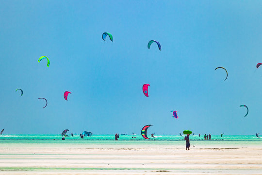 Kiteboarders in Jimbiani. Zanzibar, Tanzania.
