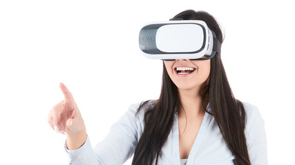 Young woman is using VR headset on white background