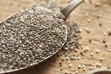 chia seeds on old silver spoon on wooden table