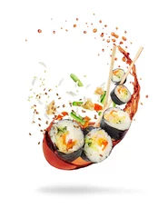 Sierkussen Pieces of sushi with splashes of soy sauce, isolated on white background © Krafla