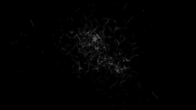 Artistic silver colored lines and dots approximation movement on dark background. 