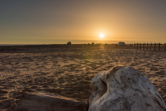 Frankreich, Provence-Alpes-C&ocirc;te d'Azur, Arles, Sonnenuntergang am Strand mit Treibholz