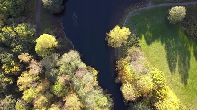Top down view on a forest and river near Maridalsvannet lake in Oslo, Norway