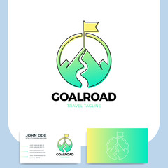 Mountain hand drawn logo template design element with road and flag