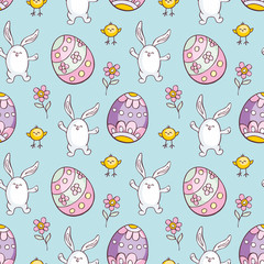 Colorful seamless pattern with the image of Easter eggs, rabbits and chickens. Vector background.