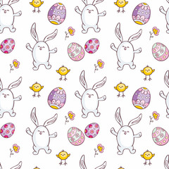Colorful seamless pattern with the image of Easter eggs, rabbits and chickens. Vector background.