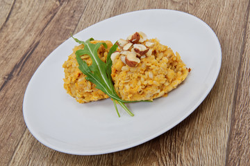 Sweet potatoes risotto on a table