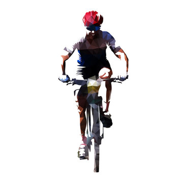 Cycling, polygonal vector mountain biker cyclist on his bike, front view