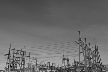 Electrical pylons, high voltage substation, South Dakota, copy space