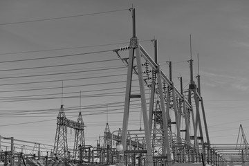 High voltage substation, electrical grid, in black and white, South Dakota.