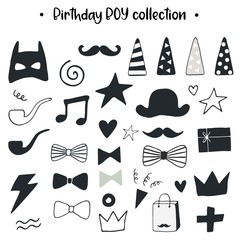Unique hand drawn birthday boy collection. Set of holiday elements. Monochrome decorations in scandinavian style. - 192244986