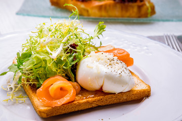 Toast with poached egg and salmon