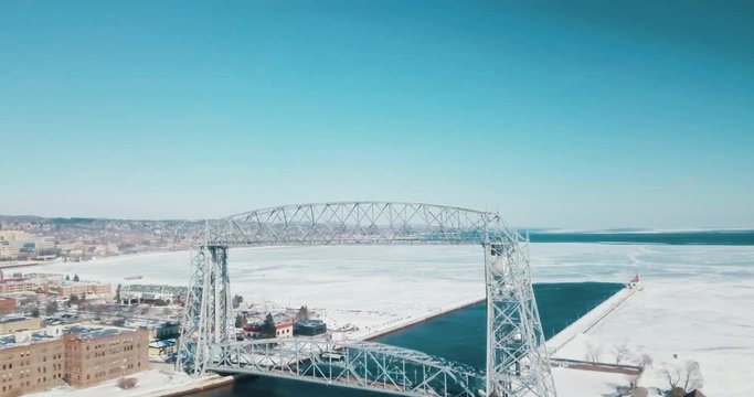 Duluth Aerial Lift Bridge 4k Drone Beautiful Winter Sky