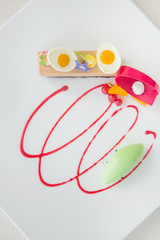 Elegant dessert in plate, molecular gastronomy, haute couture dessert