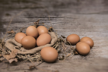 Organic eggs on wood. Fresh eggs. Healthy food