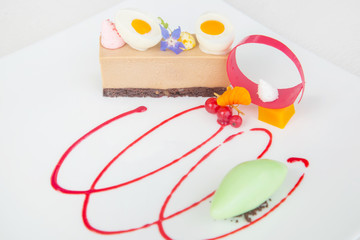 Elegant dessert in plate, molecular gastronomy, haute couture dessert