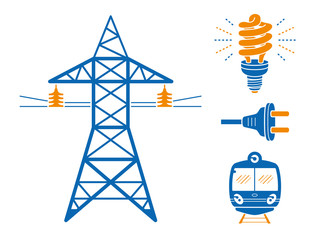 High voltage power line transmission tower or pylon, energy saving light bulb or lamp, AC plug, subway or EMU train. Electricity icons set isolated.