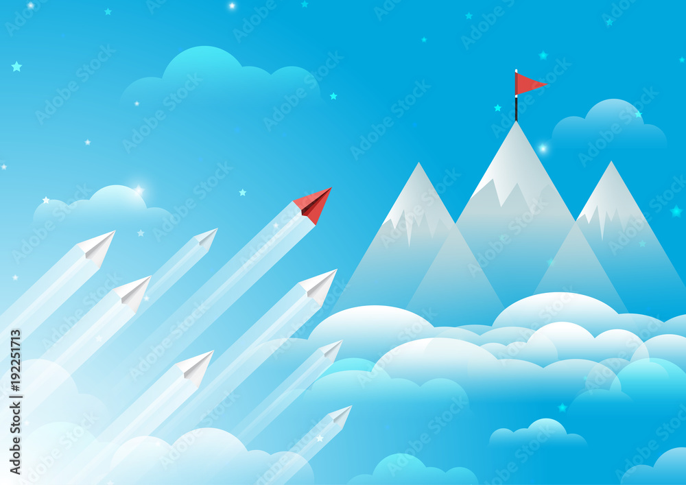 Poster paper airplanes flying from clouds to red flag on top of mountain.paper art style of business leader