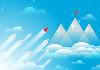 Paper airplanes flying from clouds to red flag on top of mountain.Paper art style of business leadership and teamwork creative concept idea.Vector illustration