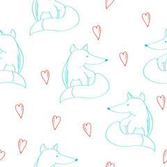 Doodle Dreaming fox seamless vector pattern.