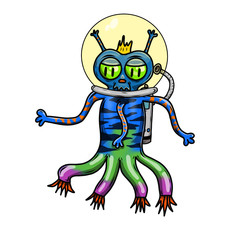 Crazy strange space alien monster wearing a helmet. White background.