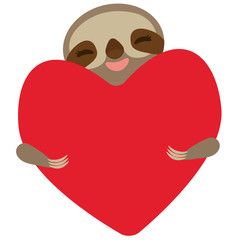 Three-toed sloth holding red heart, isolated on white background. Vector
