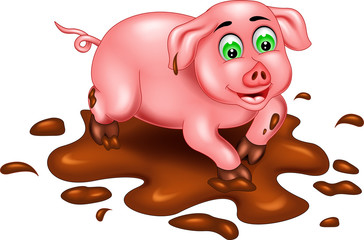 cute pig cartoon play on mud with smile