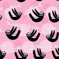 seamless pattern funny and cute smiling Three-toed sloth on grey branch tree creeper, pink trendy background. Vector