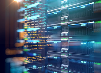 server room 3d illustration with node base programming data  design element.