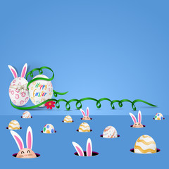 Happy easter image vector. Modern happy Easter background with colorful eggs, bunny, rubbit, and spring flower. Template Easter greeting card, vector. 