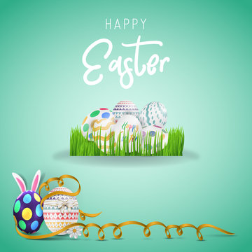    Happy easter image vector. Modern happy Easter background with colorful eggs, bunny, rubbit, and spring flower. Template Easter greeting card, vector. 