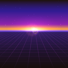 Sci fi futuristic abstract background with neon grids and stars. Violet retro gradient, vintage style of the 80s. Virtual surface, digital cyber world. Vector illustration for your design of layout