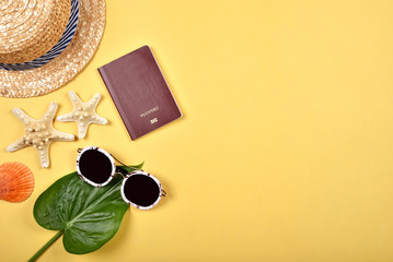 Summer travel essentials preparation with copy space, Travel accessories, Passport, Sunglasses and...