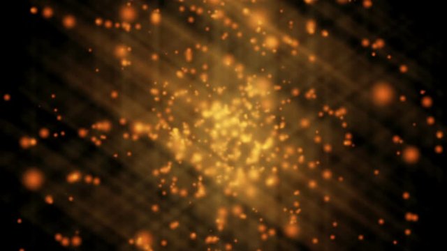 Golden parallel rays of light, twinkling blurred lights,  light streaks forming crossing shiny lines with sparkling graphic particles, dynamic vivid background, abstract illustration, animation