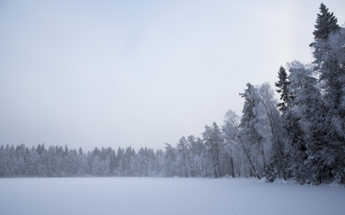 Wintry landscape in Finland. Foggy morning during sunrise on a cold winter morning.