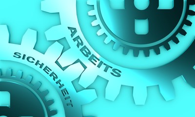 Work and safety text on the mechanism of gears. An inscription in German. Communication concept in industrial design. Modern brochure design template. 3D rendering