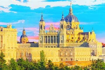 Fototapeta premium Panorama view on Royal Palace (Palacio Real) in the capital of Spain - beautiful city Madrid from a bird's eye view.
