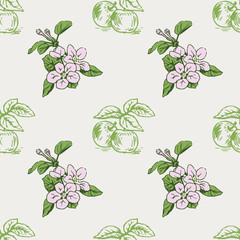 Vector colorful seamless pattern with flowers and apples on a branch. Perfect for wallpapers, surface textures, textile, wrapping papers and more creative designs. Colorful Hand-drawn illustration.